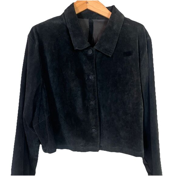 1950’s VTG black cropped Jackie O suede jacket, scoop collar covered buttons M/L - Picture 1 of 16